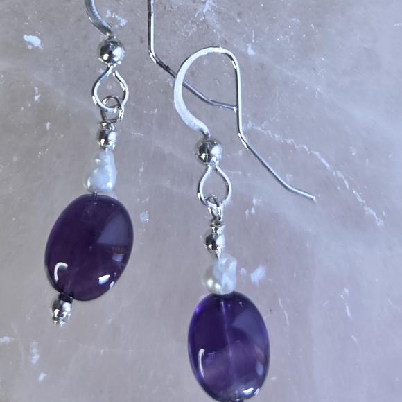 Oval Amethyst And Freshwater Pearl Sterling Silver Drop Earrings - Picture 2 of 6